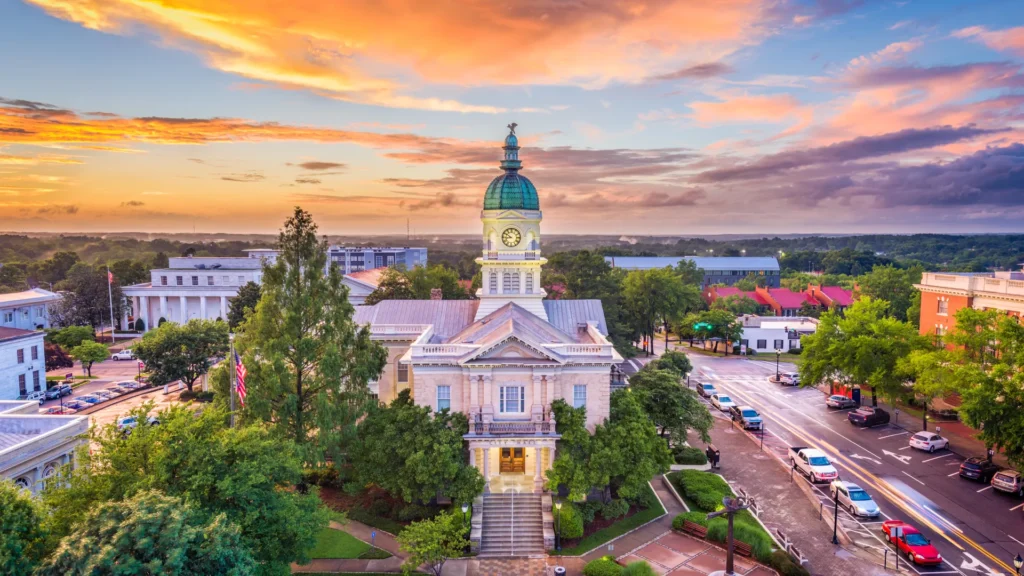 Aerial view of a historic Cumming, Georgia courthouse building with a clock tower at sunset, surrounded by streets and nearby buildings.